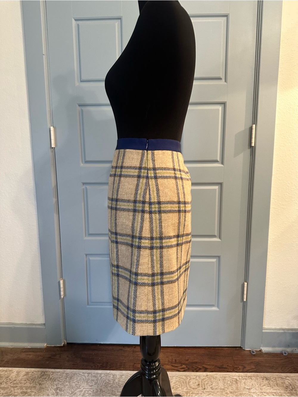 Boden Moon British Tweed Checked Skirt Ivory Blue Plaid- US Size 10R